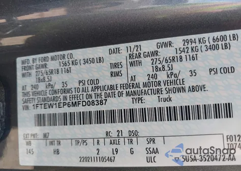 2021 Ford F-150 Lariat from USA, damaged, VIN 1FTEW1EP6MFD08387